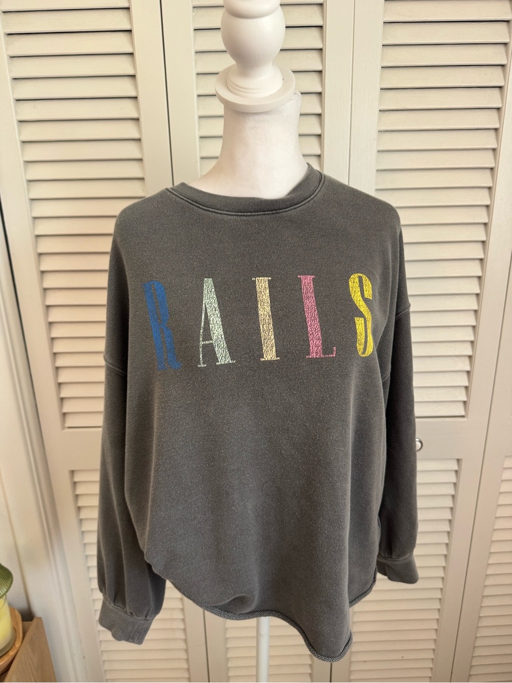 Rails Charcoal Crewneck Sweatshirt with Blue, Cream, Pink & Yellow Logo